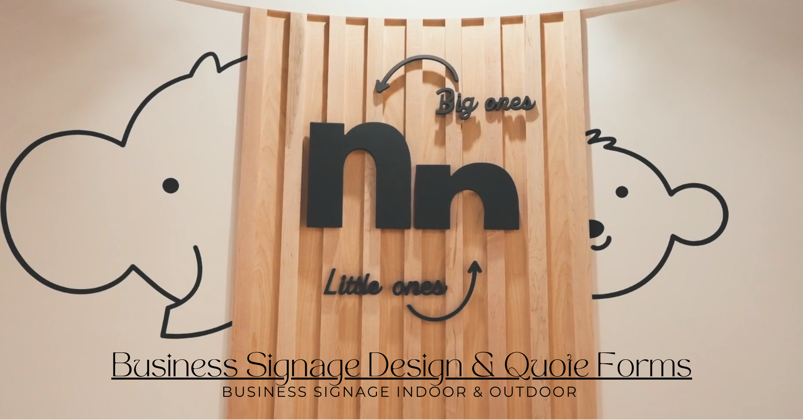 Wall-mounted business signage featuring custom cut-out designs for a modern indoor space. Title reads 'Business Signage Design & Quote Forms – Explore HP Design's Custom Business Signage Solutions.