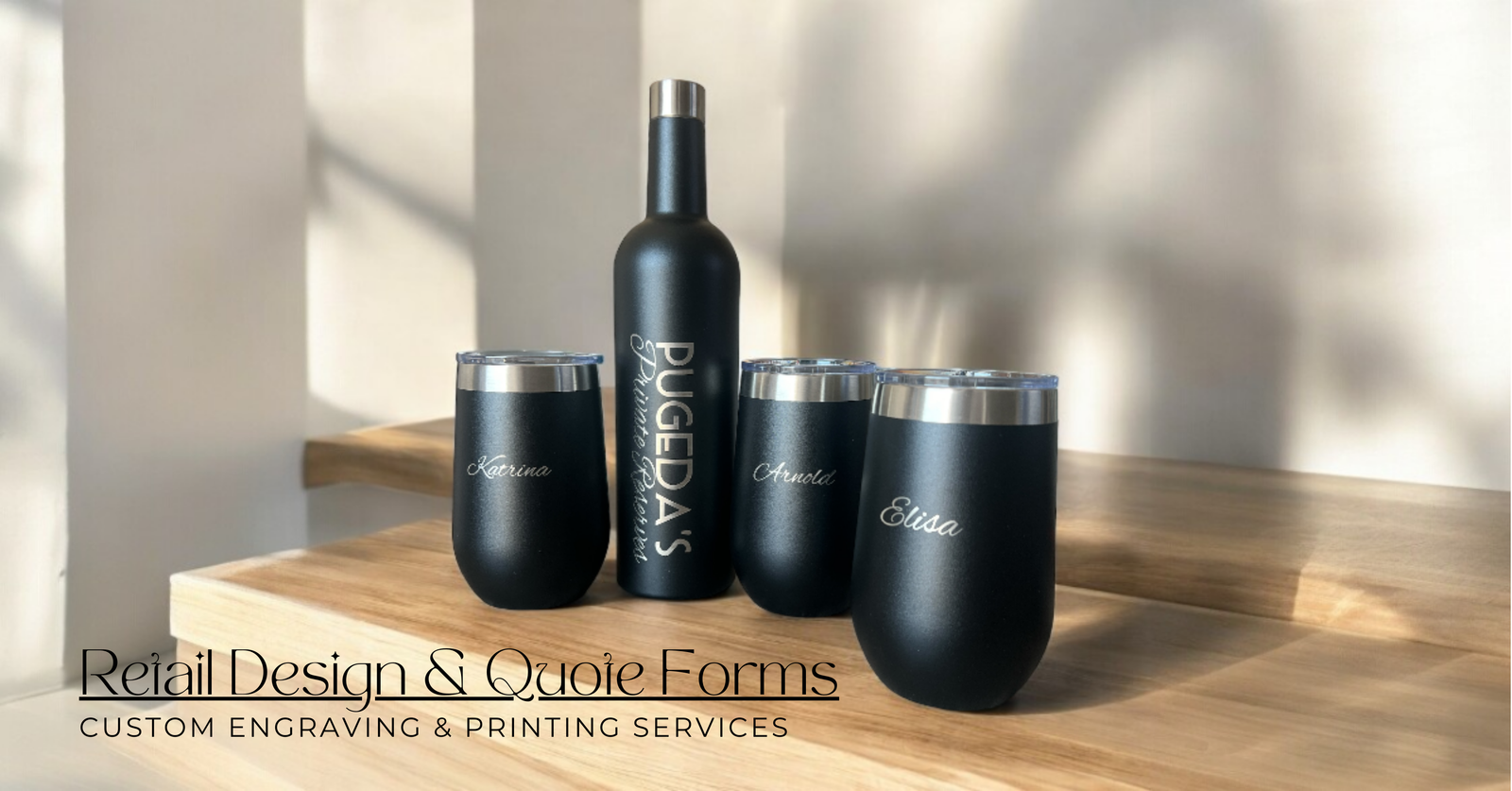 A curated set of personalized retail products including mugs, towels, and wooden items. Title reads 'Retail Design & Quote Forms – Discover HP Design's Retail Collection for Custom Engraving.