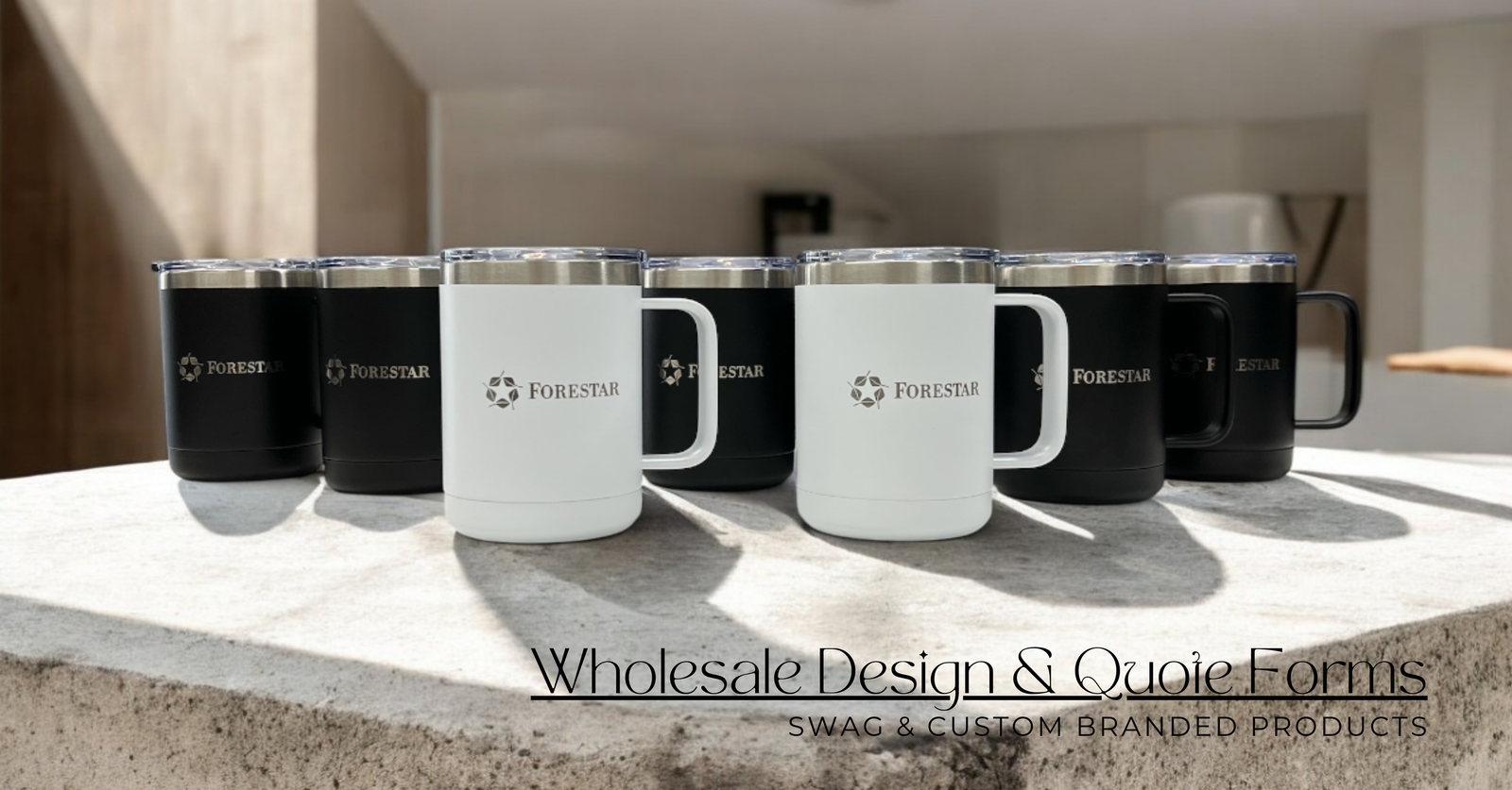 A collection of custom engraved black tumblers with names and logos. Title reads 'Wholesale Design & Quote Forms – Explore HP Design's Wholesale Collection for Bulk Custom Engraving.