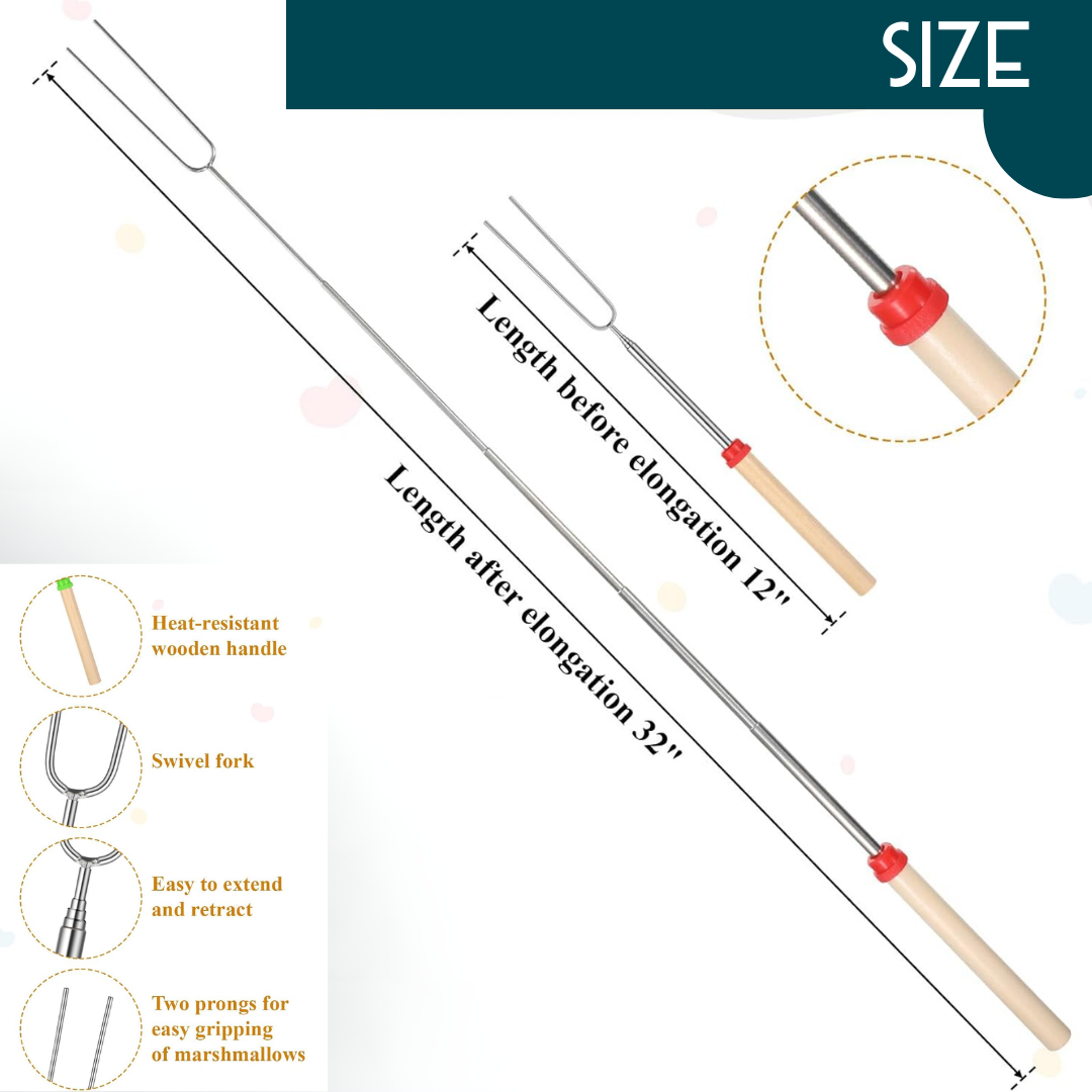Custom Engraved Marshmallow Roasting Sticks – Set of 6 | 32" Stainless Steel S'mores Kit