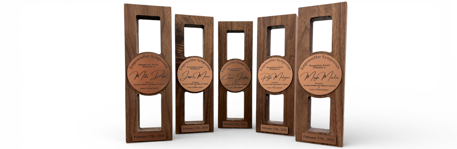 HP Deisgn Shop Custom Awards Set of five wooden picture frames with engraved text on a white background