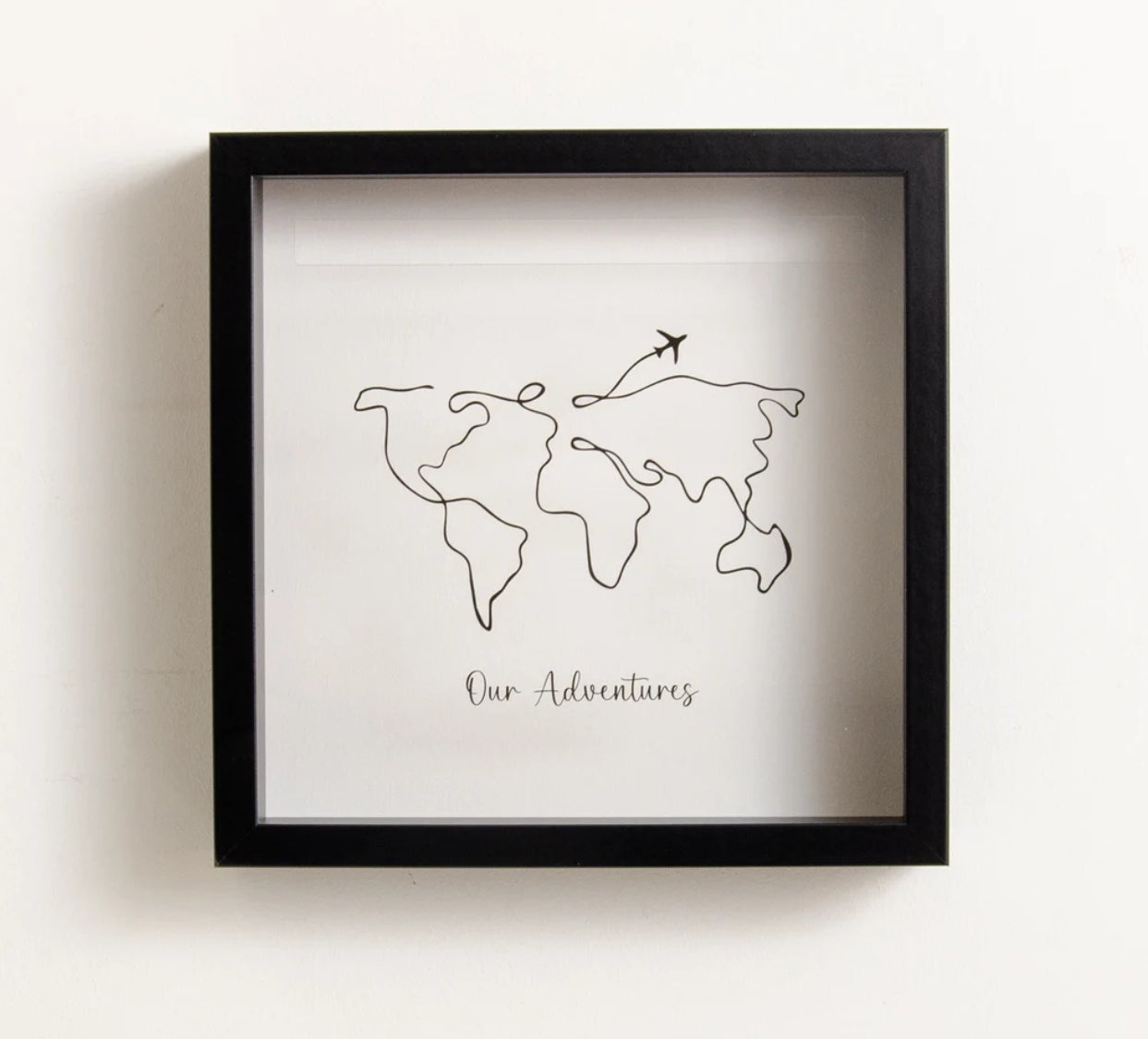 Personalized travel memory box with black frame — world map design and “Our Adventures” engraving by HP Design.