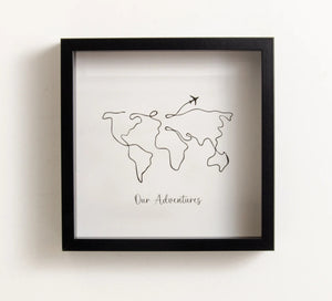 Personalized travel memory box with black frame — world map design and “Our Adventures” engraving by HP Design.