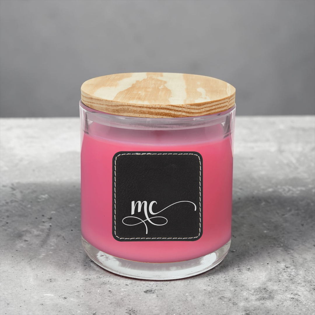 Custom Personalized 14 oz. Soy Candle in Glass with Wood Lid – Corporate Logo & Leatherette Patch | HP Design D