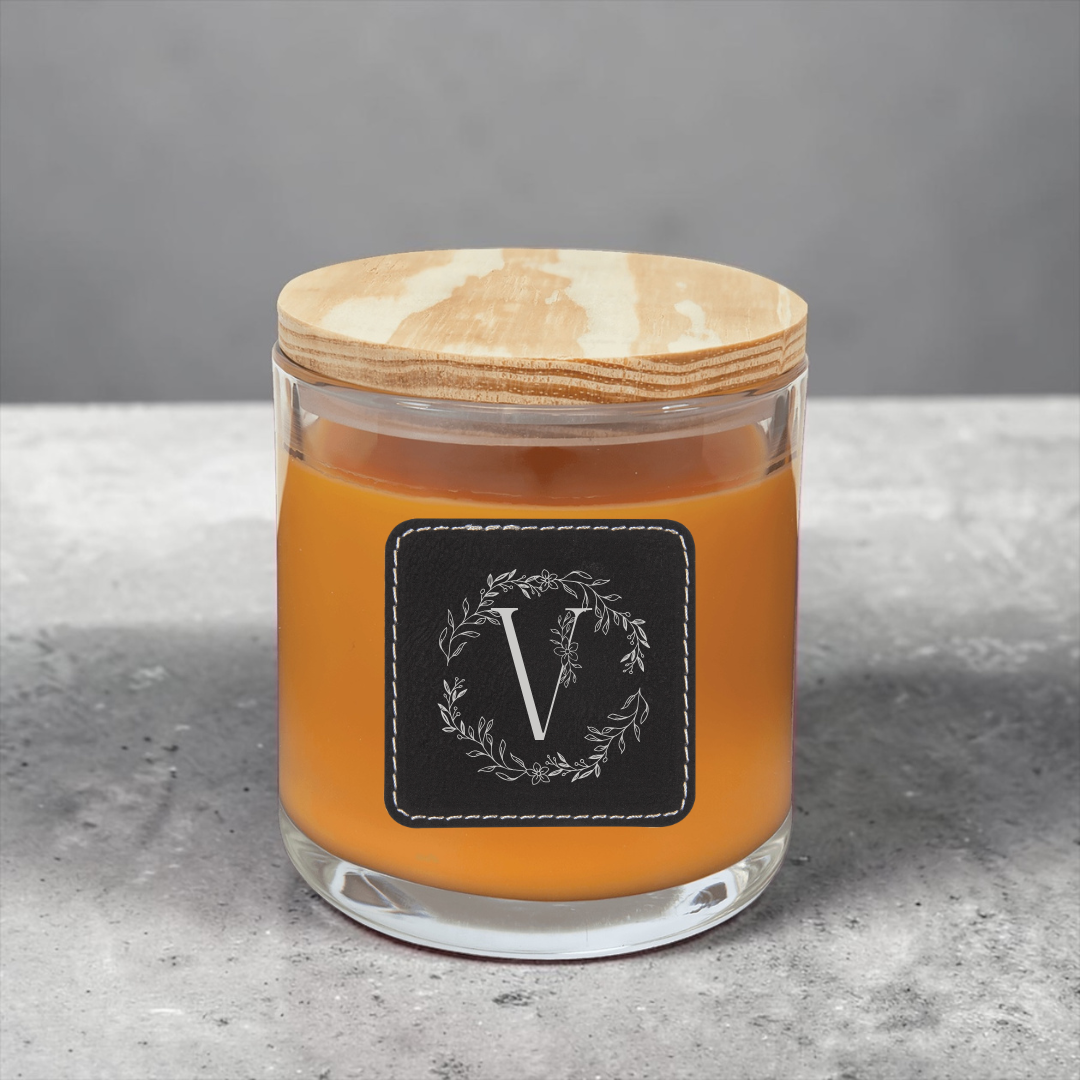 Custom Personalized 14 oz. Soy Candle in Glass with Wood Lid – Corporate Logo & Leatherette Patch | HP Design D