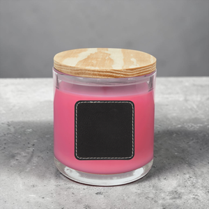 Custom Personalized 14 oz. Soy Candle in Glass with Wood Lid – Corporate Logo & Leatherette Patch | HP Design D