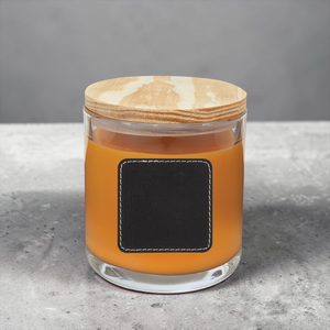 Custom Personalized 14 oz. Soy Candle in Glass with Wood Lid – Corporate Logo & Leatherette Patch | HP Design D