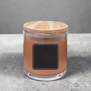 Custom Personalized 14 oz. Soy Candle in Glass with Wood Lid – Corporate Logo & Leatherette Patch | HP Design D