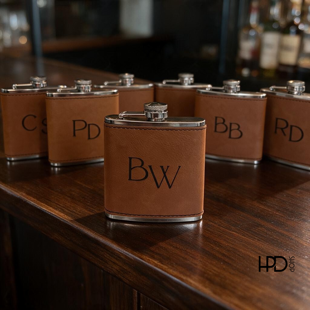 Custom Laser Engraved 6 oz Black Leatherette Flask | Personalized Gift | HP Design McKinney TX