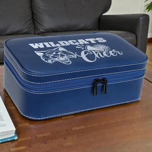 Blue case with 'Wildcats Office' text and logo on a wooden surface.