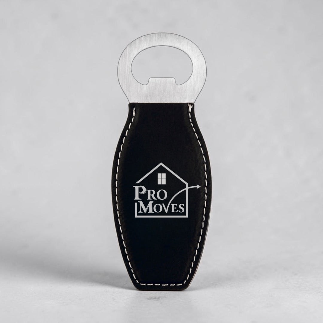 Black/Silver Leatherette Bottle Opener with Magnet | Custom Laser Engraved | HP Design McKinney TX