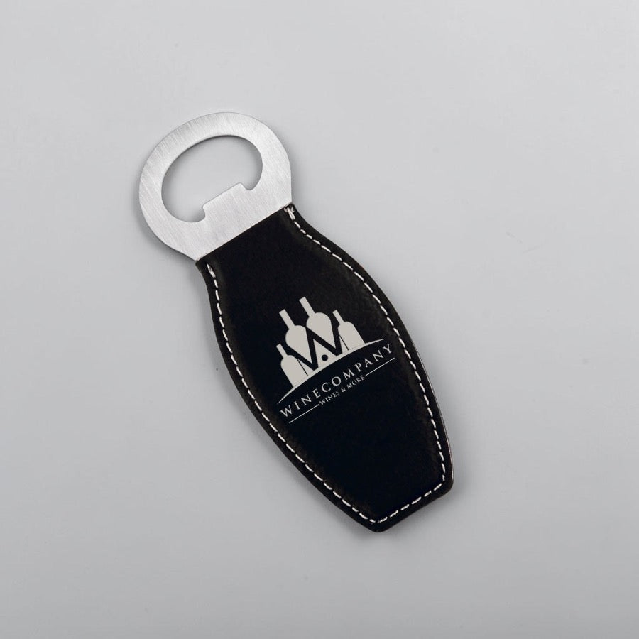Black/Silver Leatherette Bottle Opener with Magnet | Custom Laser Engraved | HP Design McKinney TX