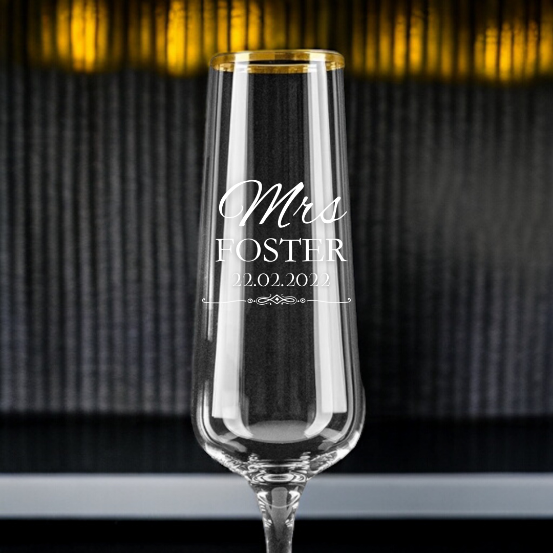 Customizable Gold Rim Champagne Glasses - Crystal Toasting Flutes, Set of 2 - Perfect for Weddings, Anniversaries, Birthdays
