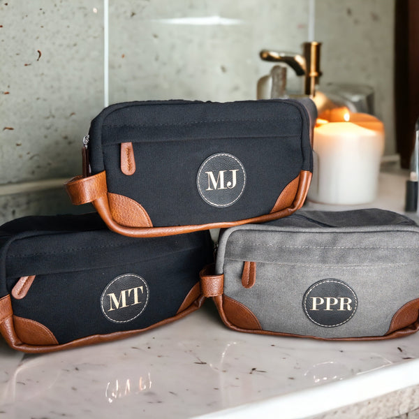 Customizable Toiletry Bag with Leather Patch | Personalized Travel Bag