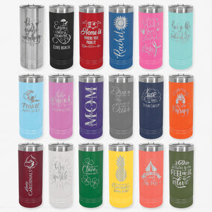 Collection of insulated tumblers with various designs and colors on a white background