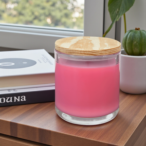 Pink candle in a glass jar with a wooden lid on a wooden surface, with books and a plant in the background.