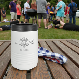 White insulated cup with black lid on a wooden table outdoors, people in the background