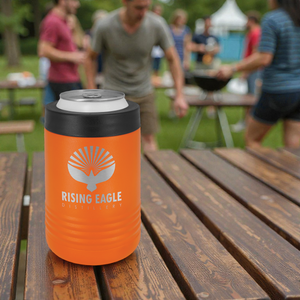 Orange can cooler with 'Rising Eagle' logo on a wooden table at an outdoor event.