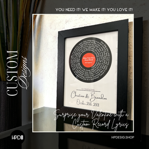 Example of custom record art with wedding song and couple names