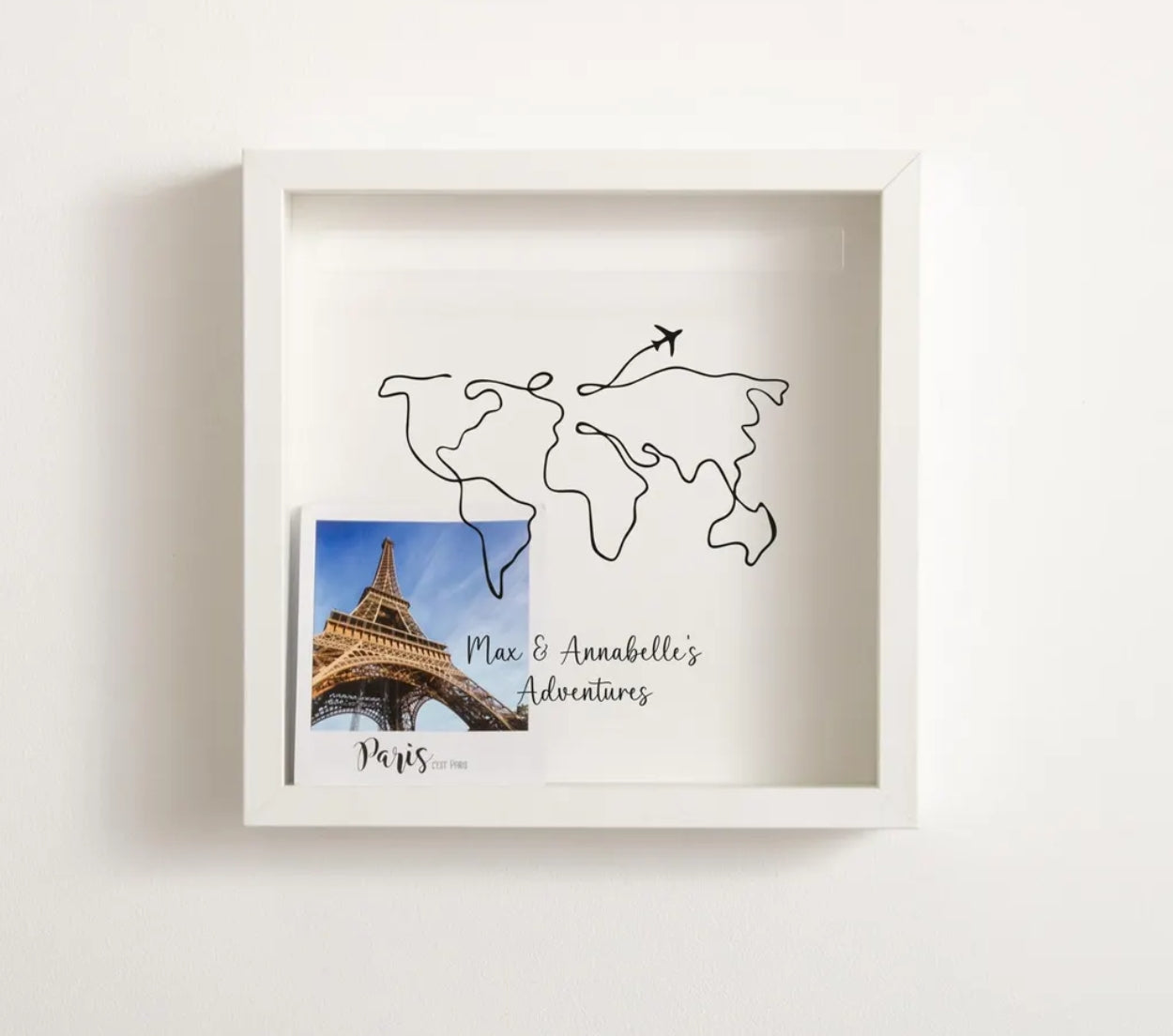 Personalized travel memory box with black frame — world map design and “Our Adventures” engraving by HP Design.